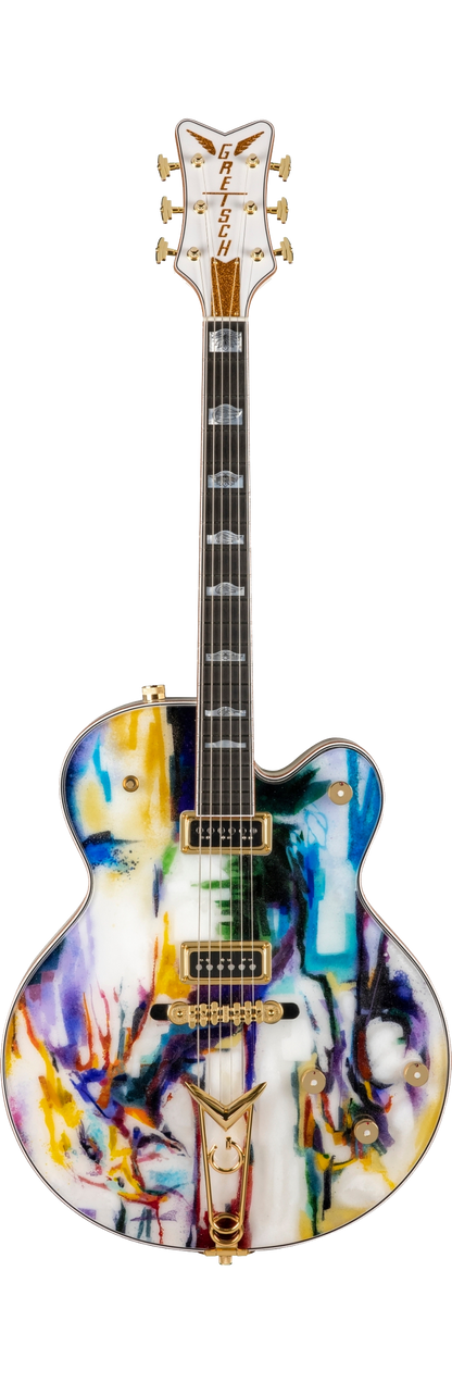 Full frontal of GRETSCH CUSTOM SHOP G6136-55 FUSED GLASS WHITE FALCON NOS MASTERBUILT BY STEPHEN STERN WHITE WITH CUSTOM ILLUMINATED FUSED GLASS TOP BY TIM CAREY.