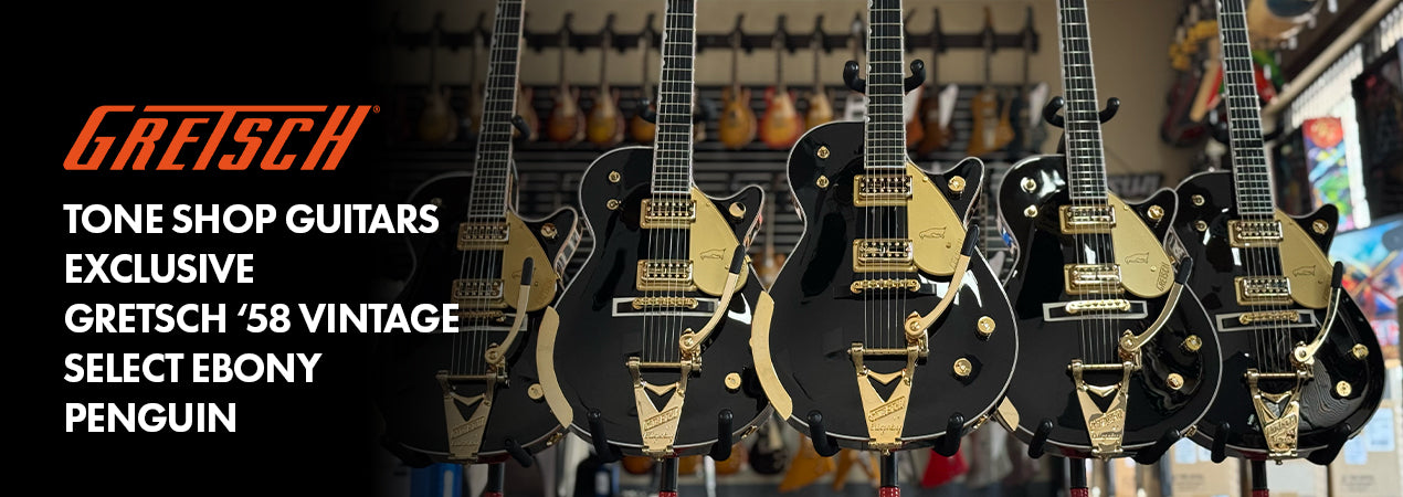 Photo of Gretsch Black 58 Penguin guitars with Gretsch Logo