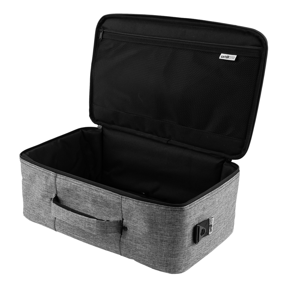 Opened bag for Vertex By Gator Travel Lite 17" x 10" Pedalboard and Riser.