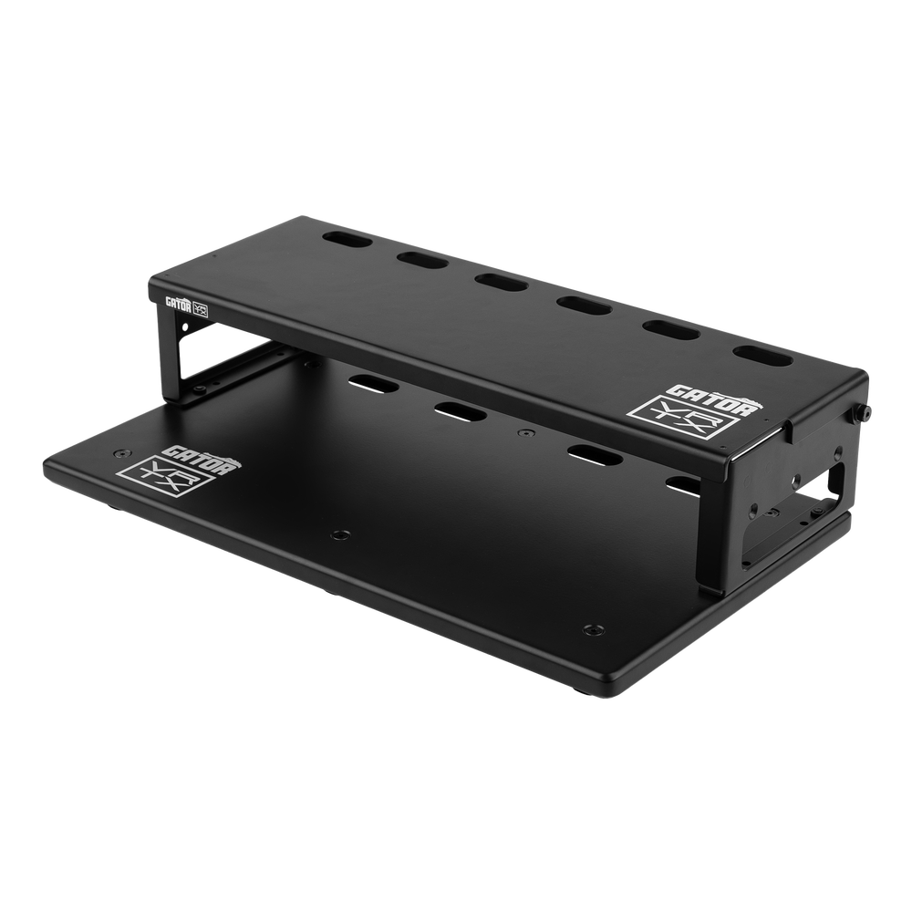 Right angle of Vertex By Gator Travel Lite 17" x 10" Pedalboard and Riser.