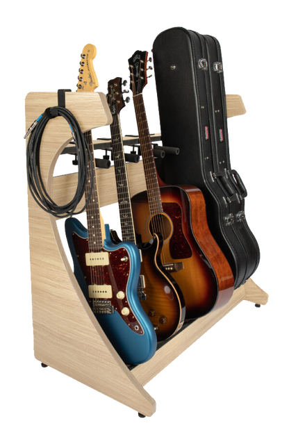 Front left angle of Gator Frameworks Elite 5 Electric/Acoustic Guitar Rack Natural Maple Matte.