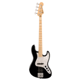 A black electric bass guitar with a white pickguard and a natural maple neck, shown against a plain white background.
