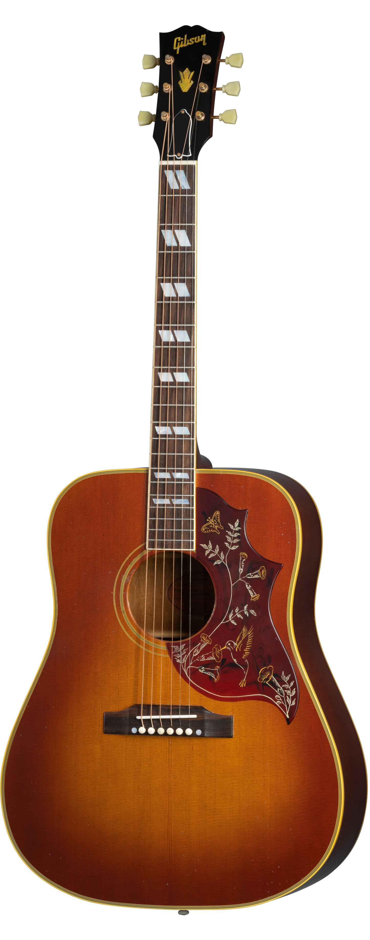 Full frontal of Gibson 1960 Hummingbird Light Aged Heritage Cherry Sunburst.