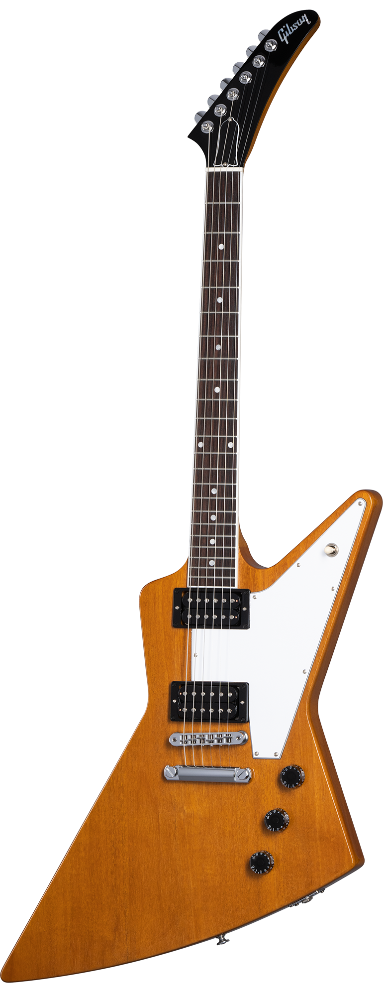 Full frontal of Gibson 70s Explorer Antique Natural.