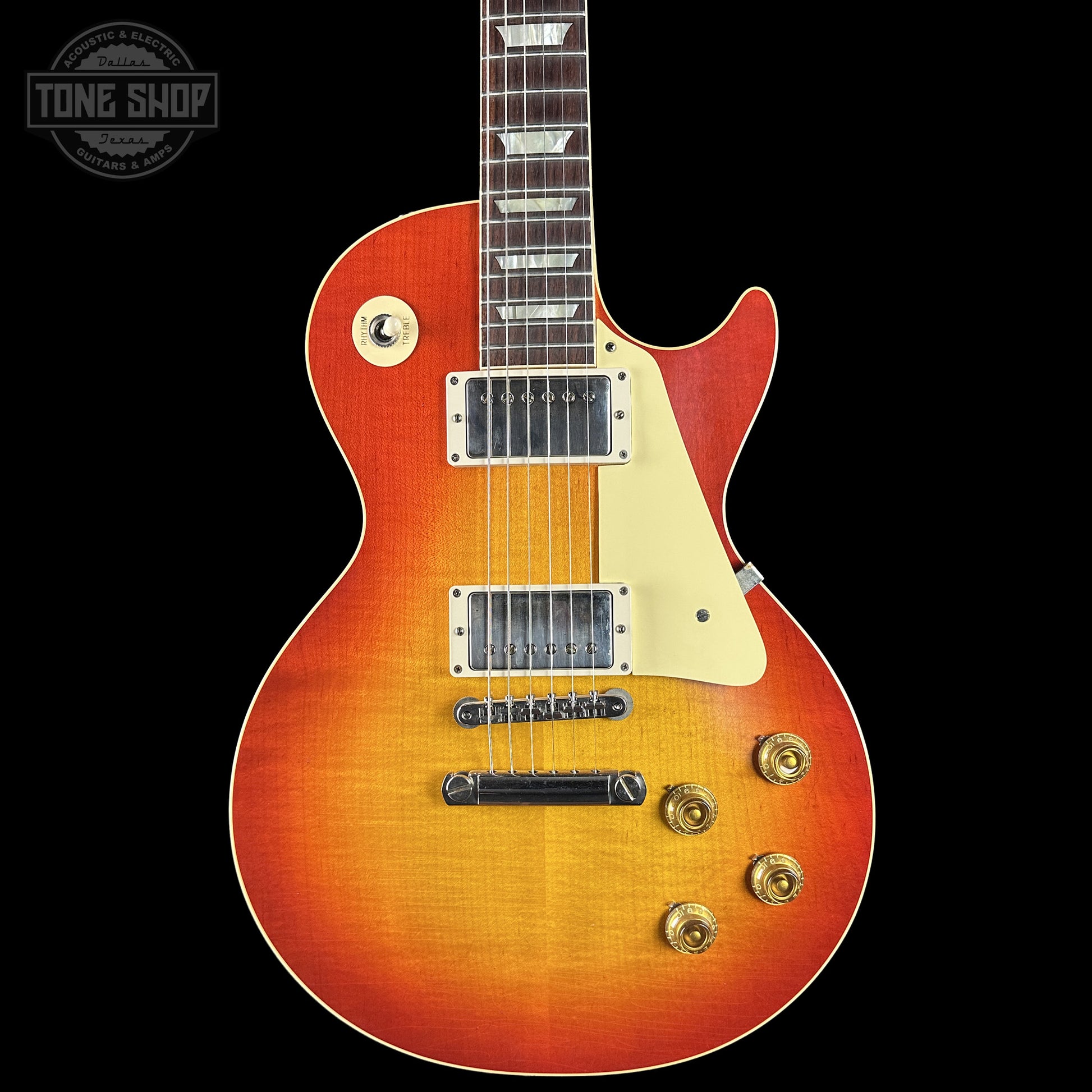 Front of Gibson Custom 1959 Les Paul Sunrise Tea Burst Ultra Light Aged 933934.
