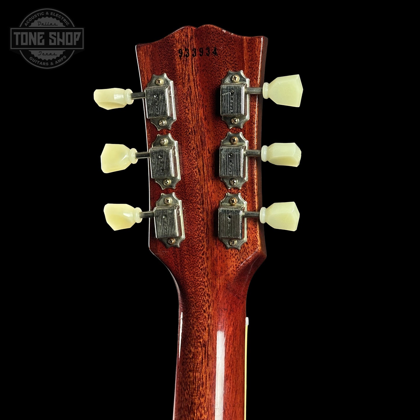 Back of Gibson Custom 1959 Les Paul Sunrise Tea Burst Ultra Light Aged 933934 headstock.