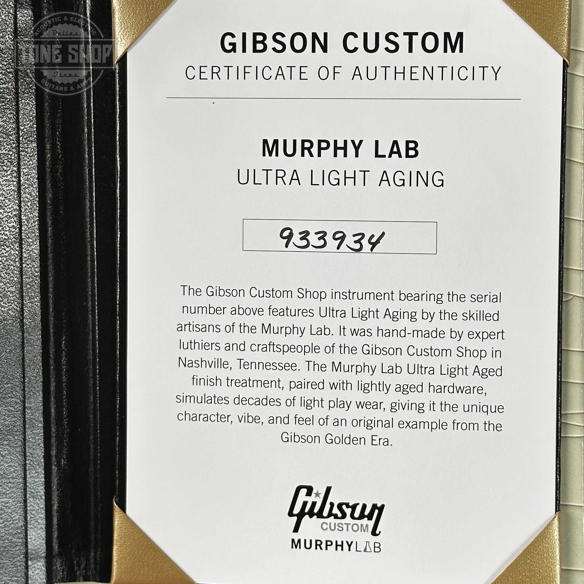 Certificate of Authenticity for Gibson Custom 1959 Les Paul Sunrise Tea Burst Ultra Light Aged 933934.