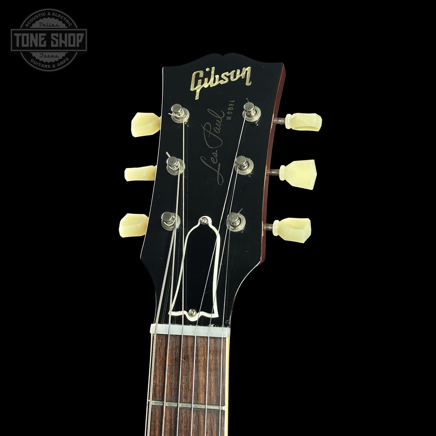 Headstock of Gibson Custom 1959 Les Paul Sunrise Tea Burst Ultra Light Aged 933934.