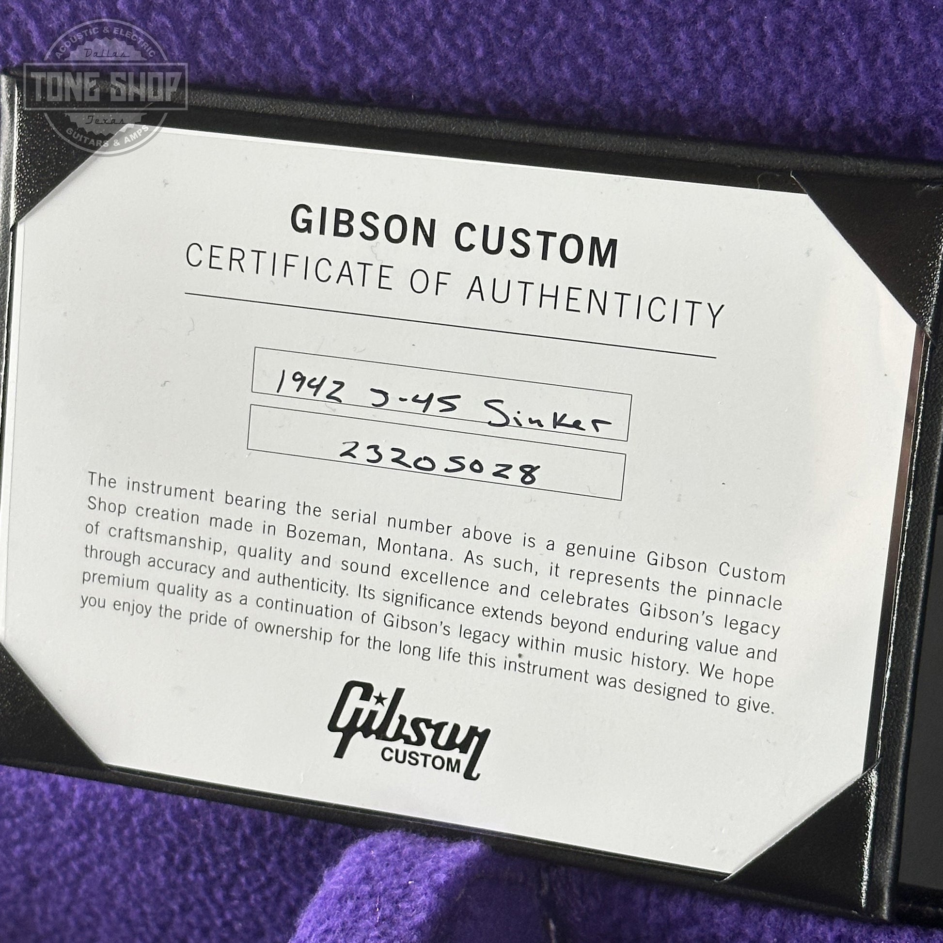 Certificate of Authenticity for Gibson Custom Dealer Select 1942 J-45 Historic Sinker Mahogany 23205028.