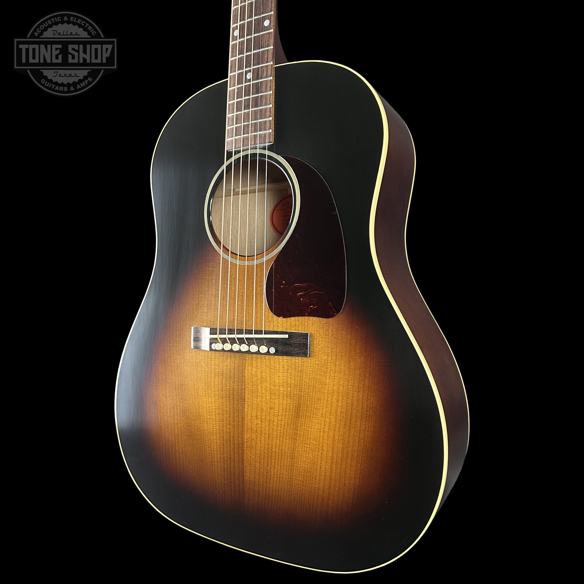 Front left angle of Gibson Custom Dealer Select 1942 J-45 Historic Sinker Mahogany 23205028.