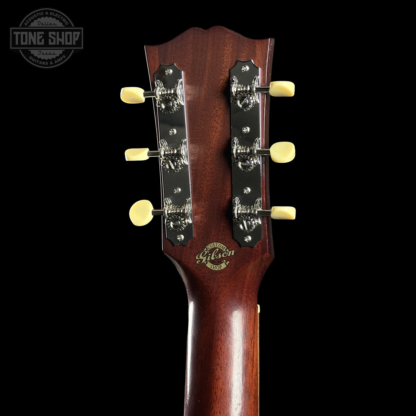 Back of Gibson Custom Dealer Select 1942 J-45 Historic Sinker Mahogany 23205029 headstock.