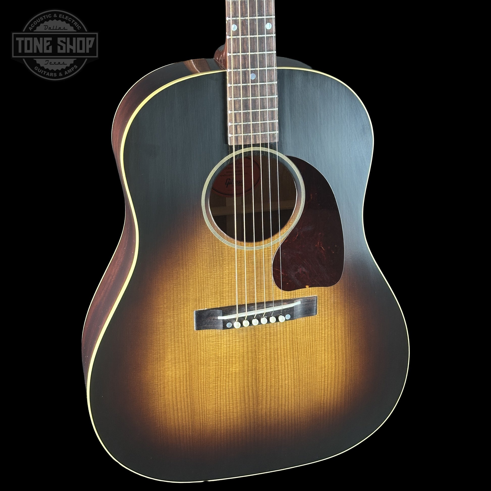 Front left angle of Gibson Custom Dealer Select 1942 J-45 Historic Sinker Mahogany 23205029.