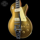 Front right angle of Gibson Custom Dealer Select 1956 Les Paul Chambered Double Gold Bigsby Ultra Light Aged 65400.