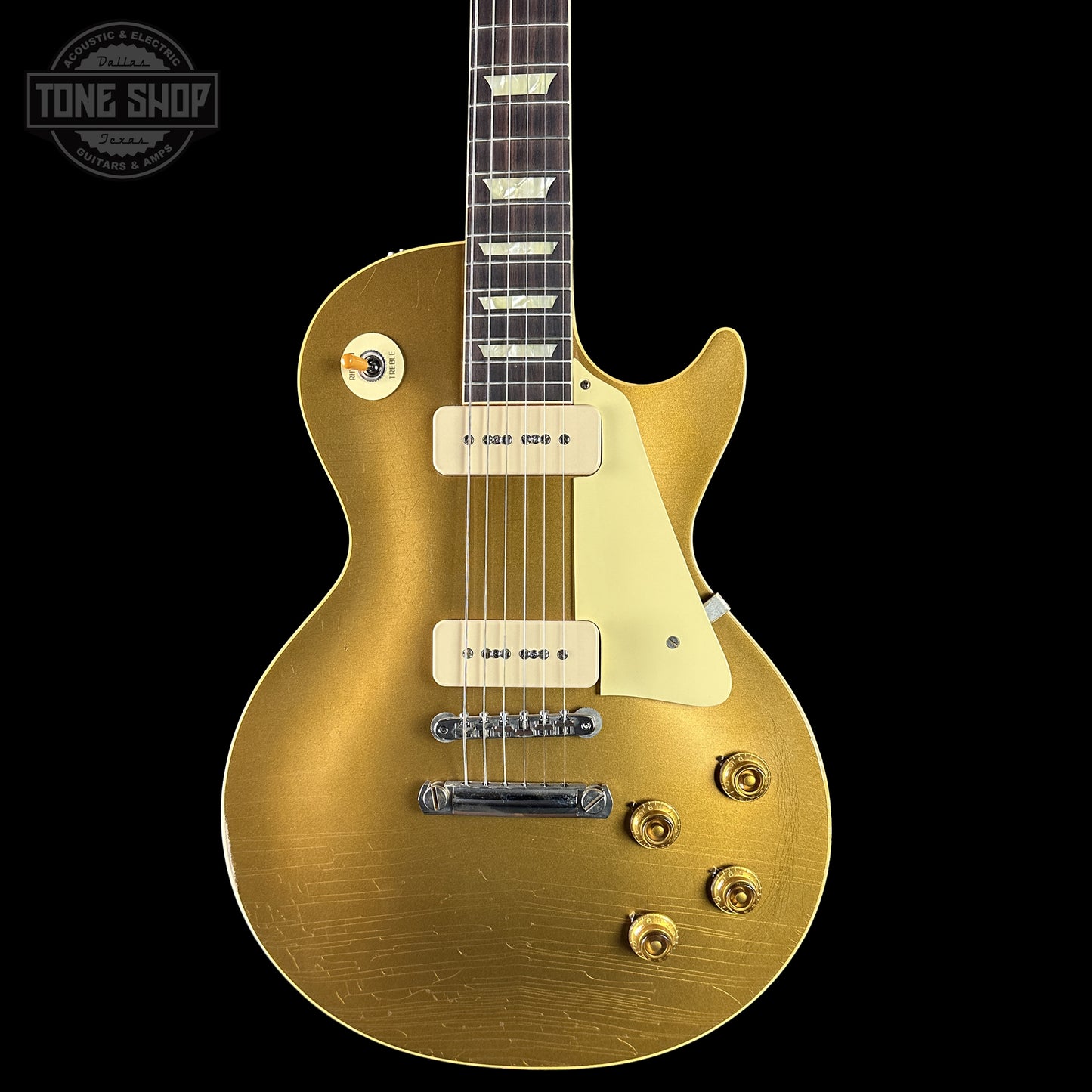 Front of Gibson Custom Dealer Select 1956 Les Paul Chambered Goldtop Aged 64545.