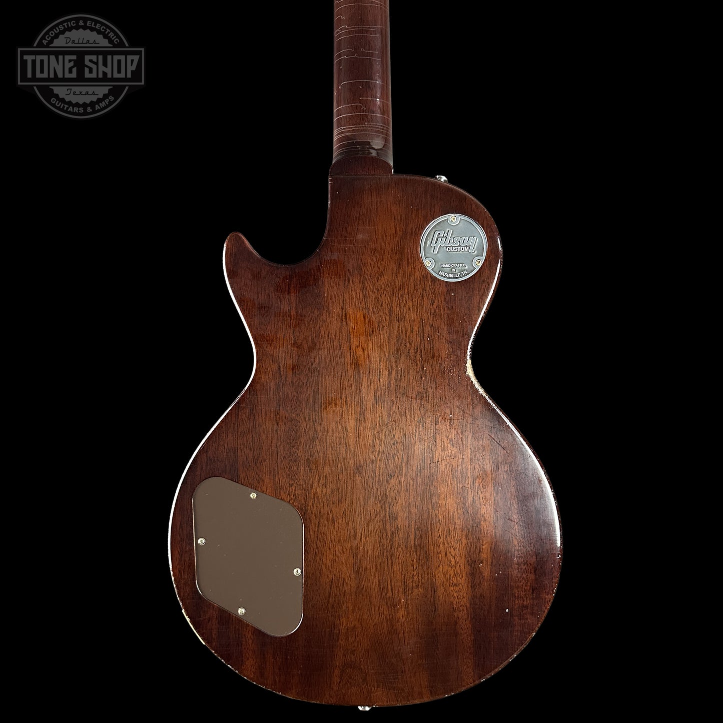 Back of Gibson Custom Dealer Select 1956 Les Paul Chambered Goldtop Aged 64545 body.