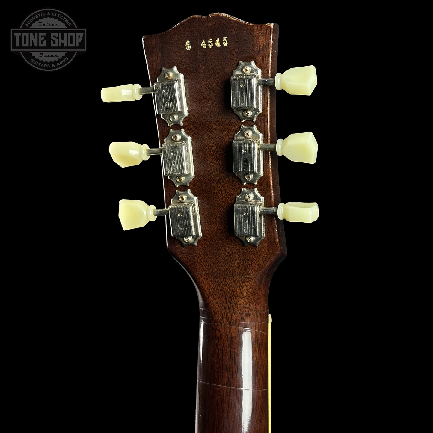 Back of Gibson Custom Dealer Select 1956 Les Paul Chambered Goldtop Aged 64545 headstock.