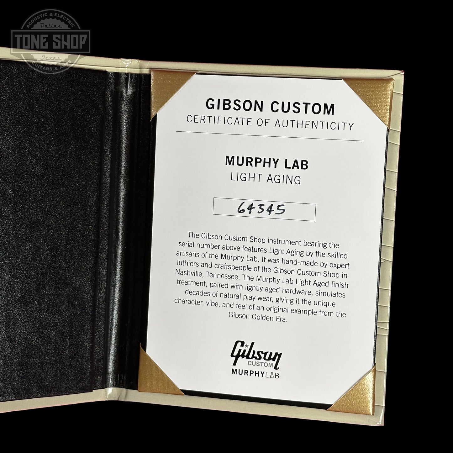 Certificate of Authenticity for Gibson Custom Dealer Select 1956 Les Paul Chambered Goldtop Aged 64545.