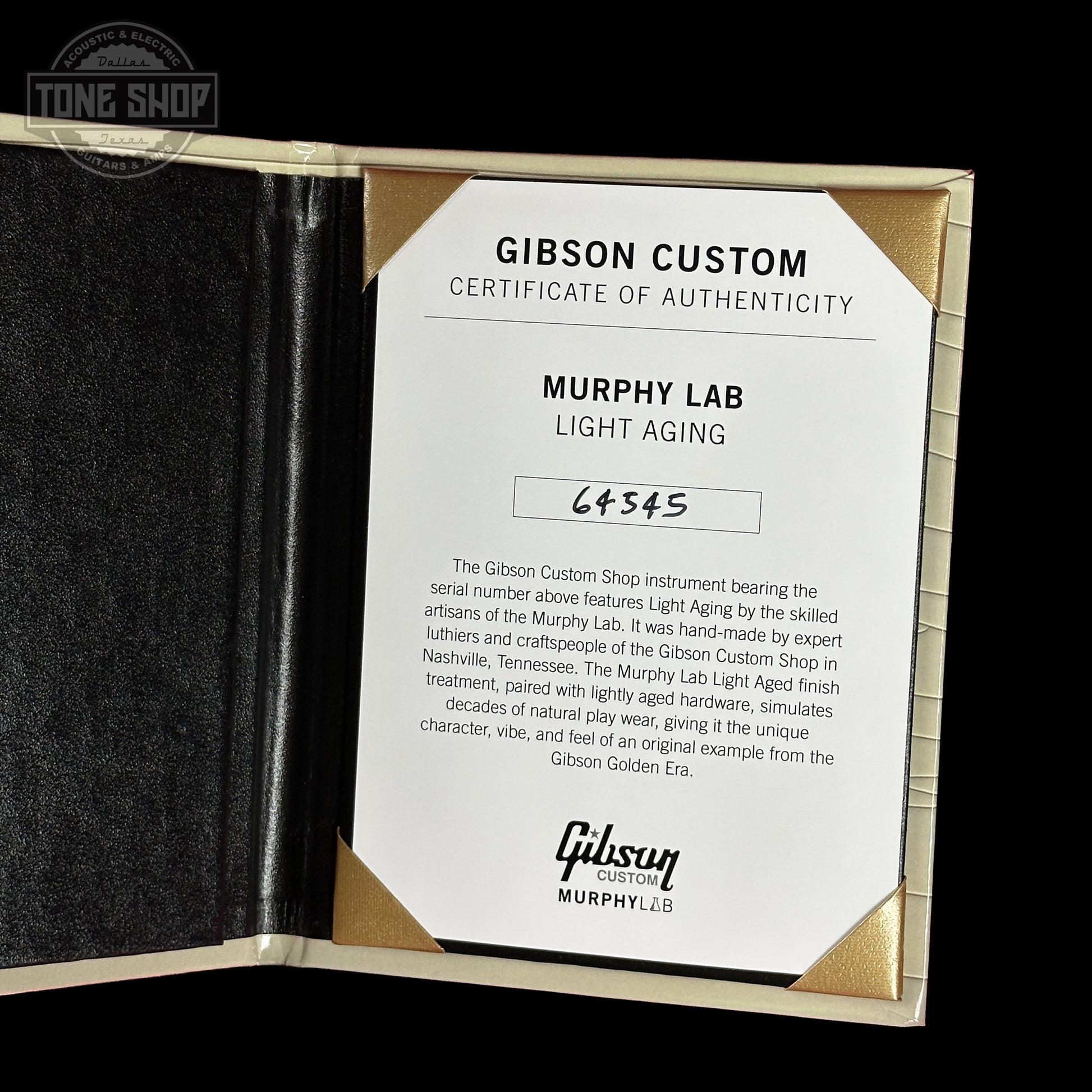 Certificate of Authenticity for Gibson Custom Dealer Select 1956 Les Paul Chambered Goldtop Aged 64545.