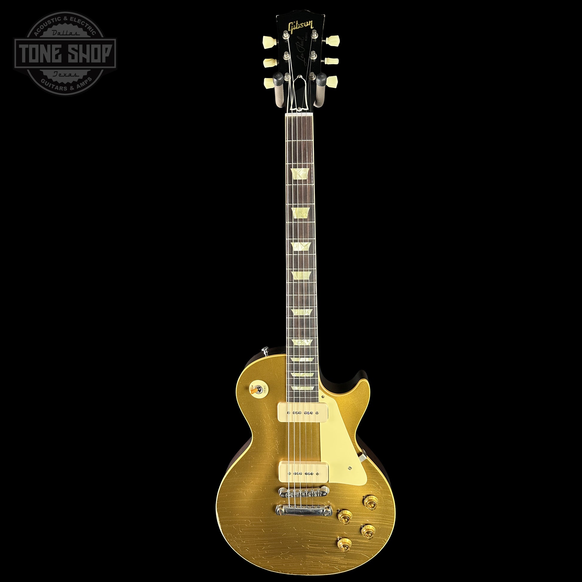 Full frontal of Gibson Custom Dealer Select 1956 Les Paul Chambered Goldtop Aged 64545.