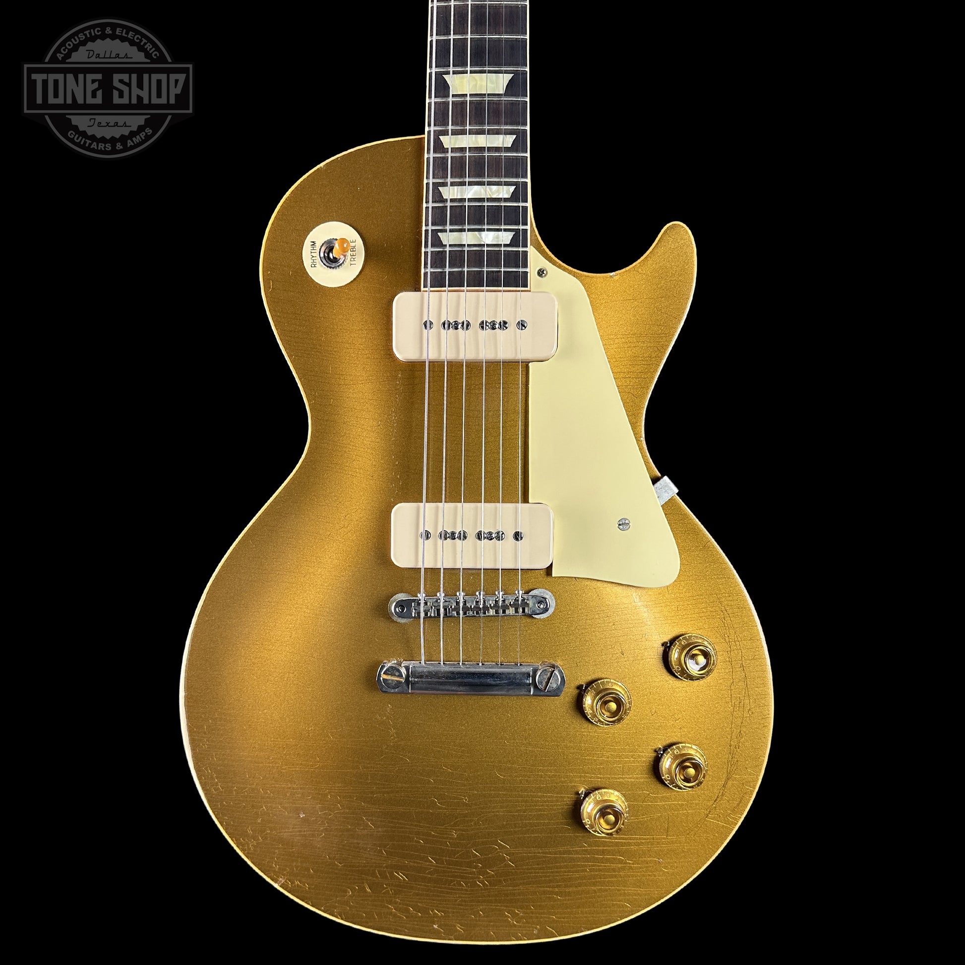 Front of Gibson Custom Dealer Select 1956 Les Paul Chambered Goldtop Aged 64566.