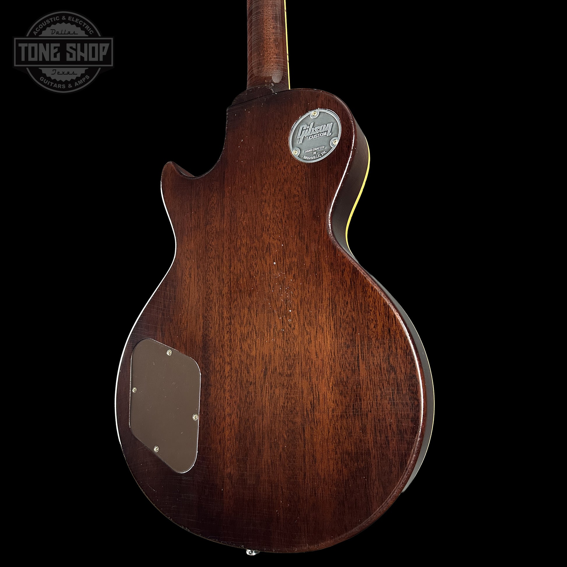 Back right angle of Gibson Custom Dealer Select 1956 Les Paul Chambered Goldtop Aged 64566 body.