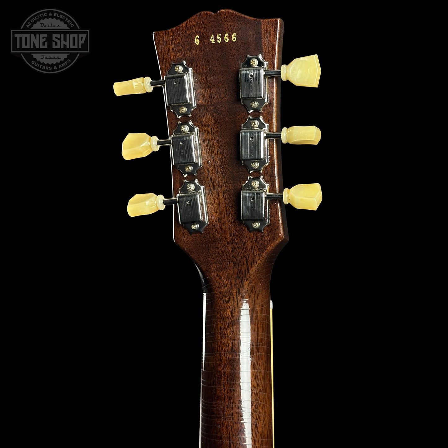 Back of Gibson Custom Dealer Select 1956 Les Paul Chambered Goldtop Aged 64566 headstock.
