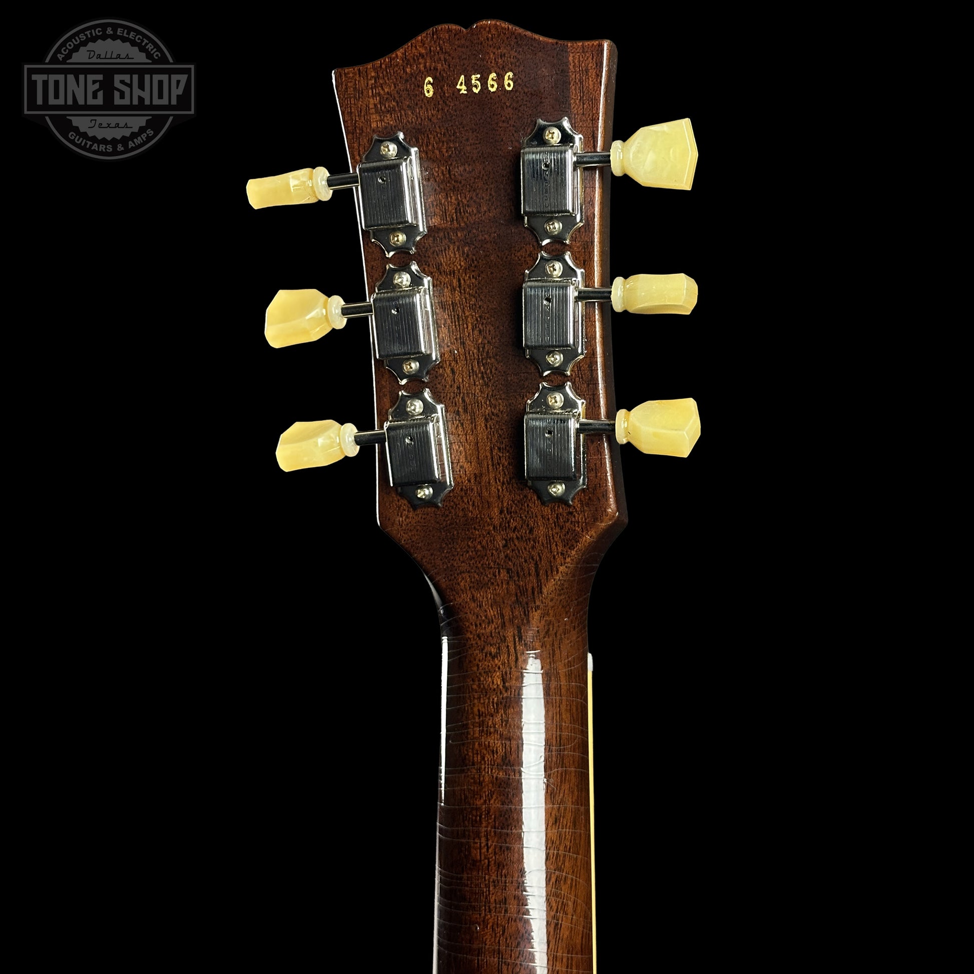 Back of Gibson Custom Dealer Select 1956 Les Paul Chambered Goldtop Aged 64566 headstock.