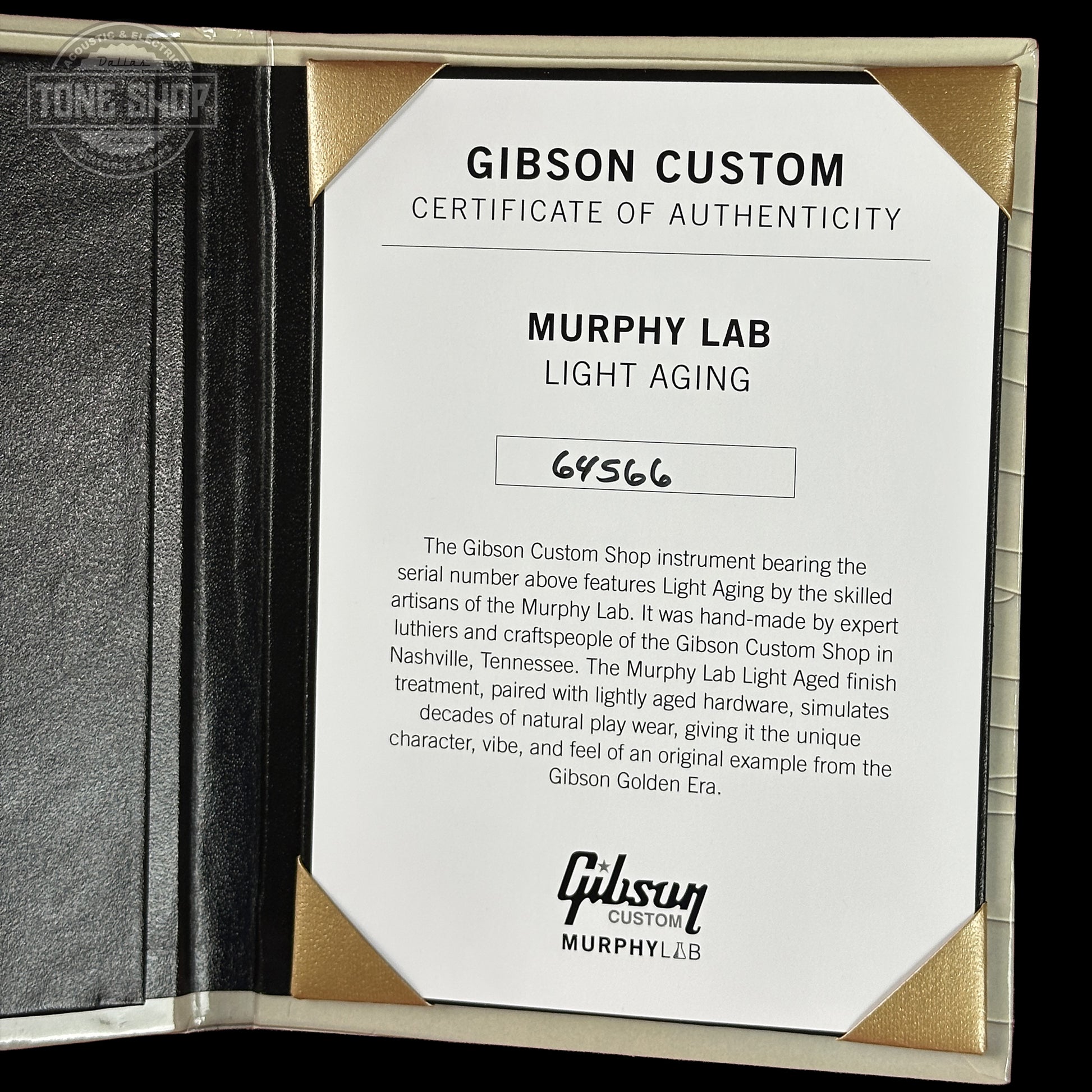 Certificate of Authenticity for Gibson Custom Dealer Select 1956 Les Paul Chambered Goldtop Aged 64566.