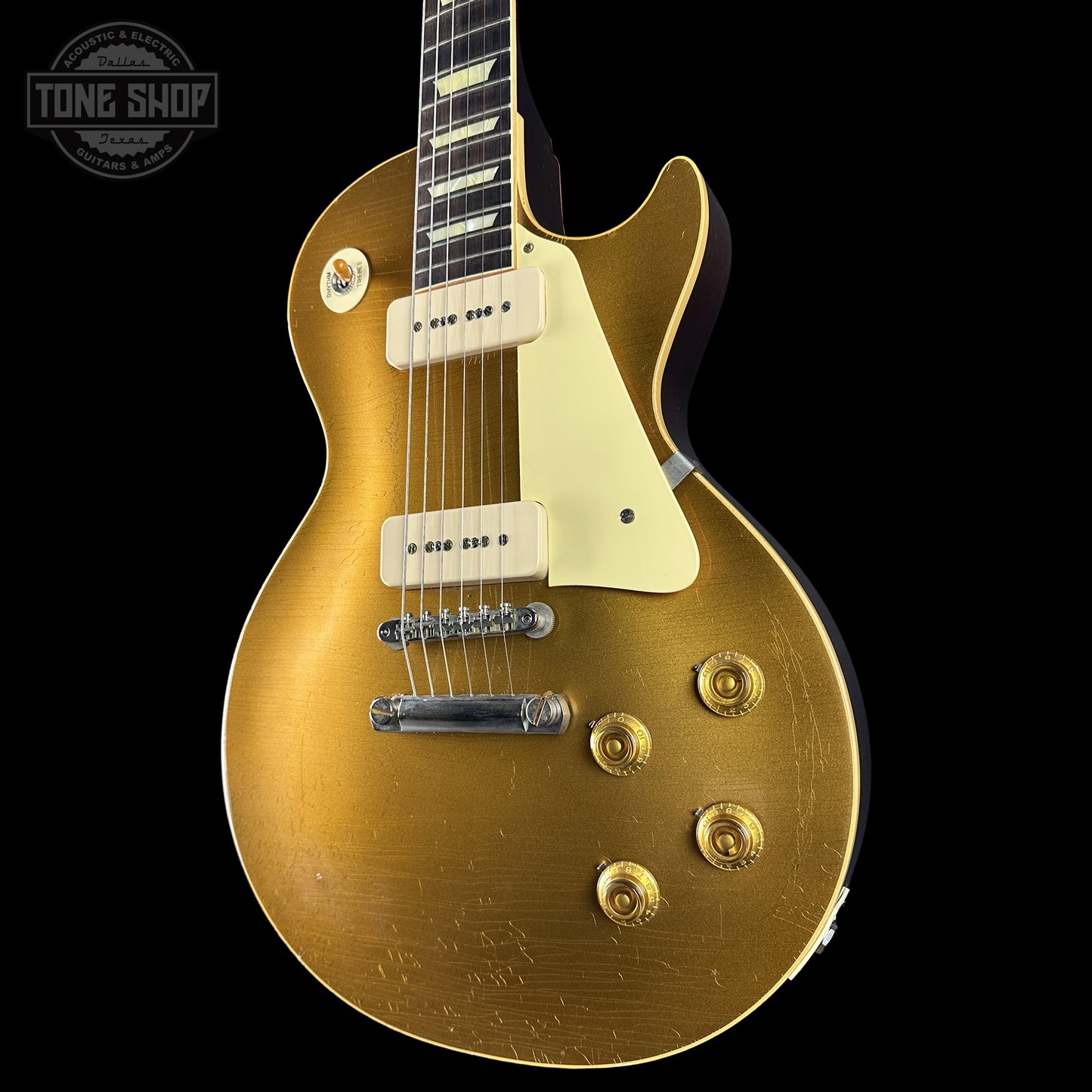 Front right angle of Gibson Custom Dealer Select 1956 Les Paul Chambered Goldtop Aged 64566 body.