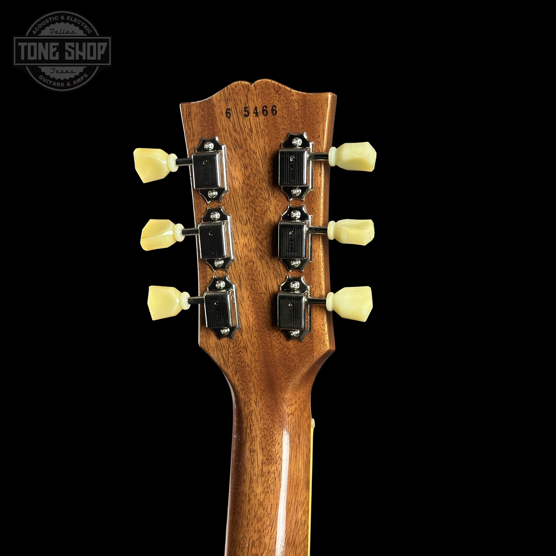 Back of Gibson Custom Dealer Select 1956 Les Paul Double Gold Bigsby Ultra Light Aged 65466 headstock.