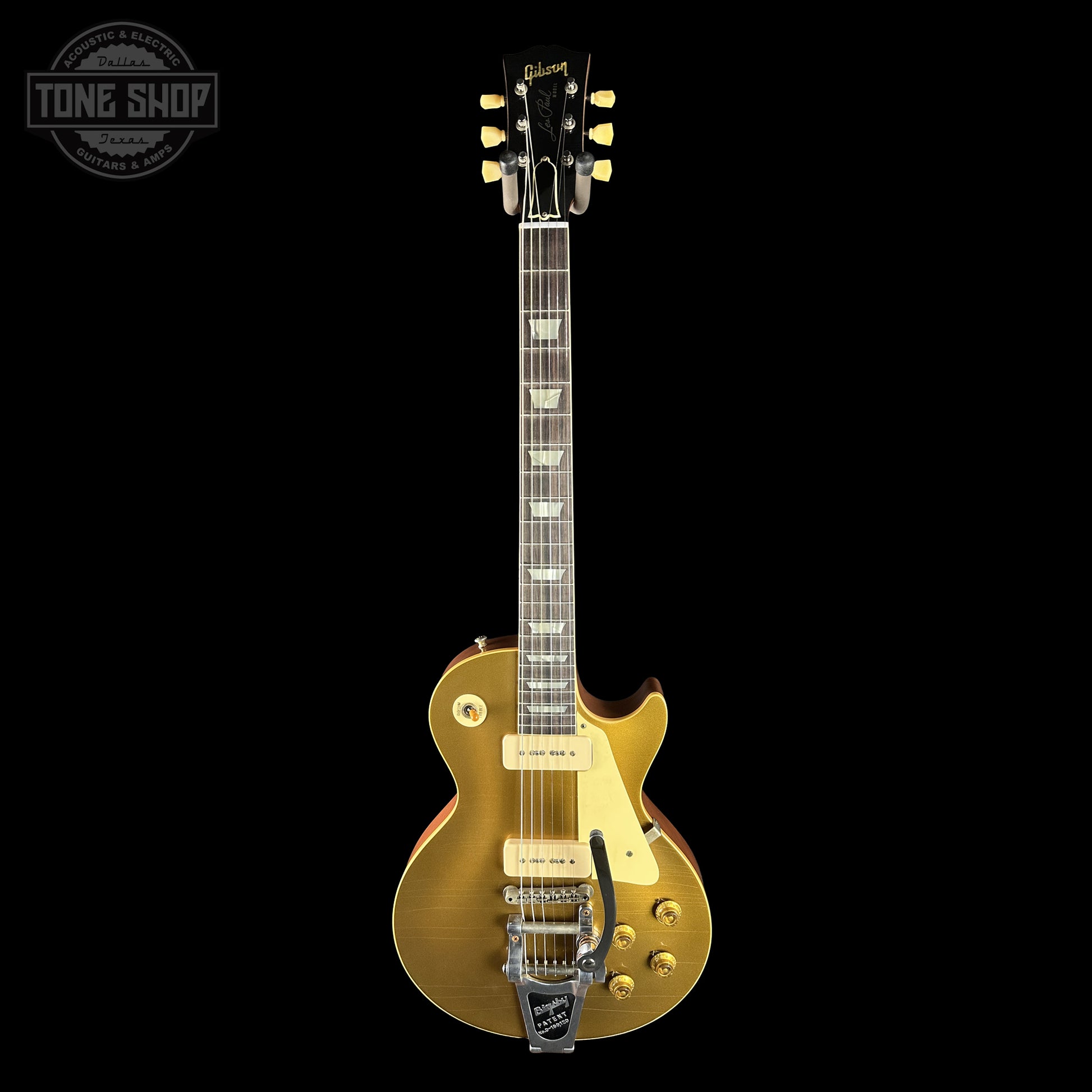 Full frontal of Gibson Custom Dealer Select 1956 Les Paul Double Gold Bigsby Ultra Light Aged 65466.