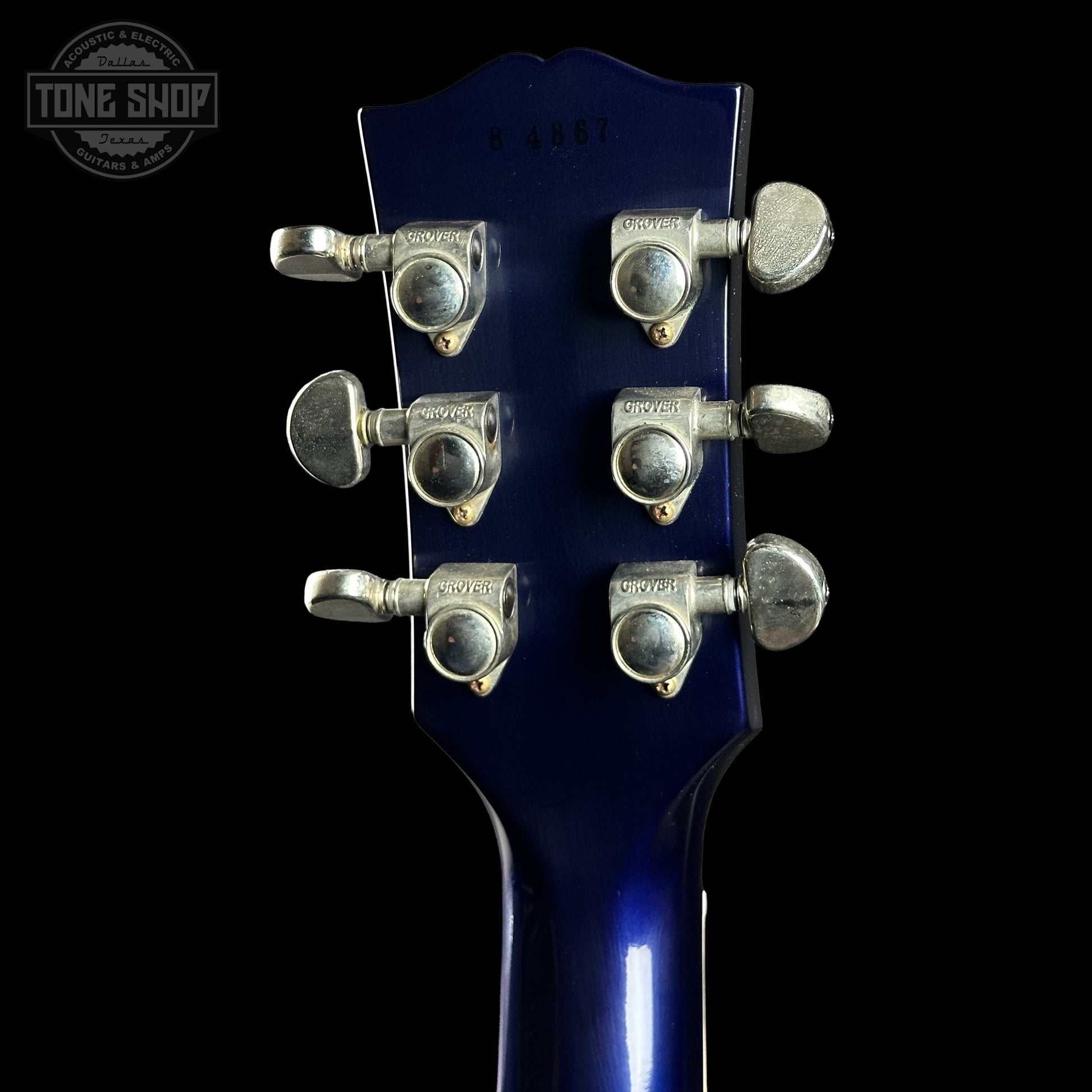 Back of Gibson Custom Dealer Select 1958 Les Paul Chambered Candy Apple Blue VOS 84867 headstock.