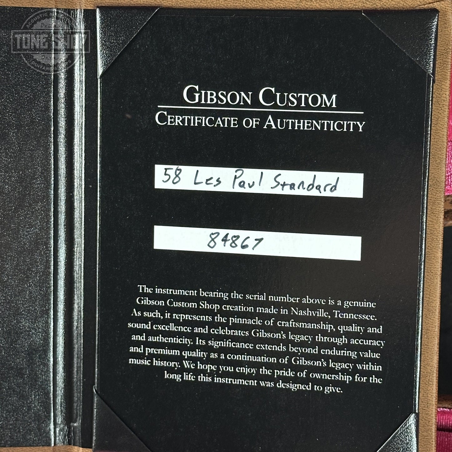 Certificate of Authenticity for Gibson Custom Dealer Select 1958 Les Paul Chambered Candy Apple Blue VOS 84867.