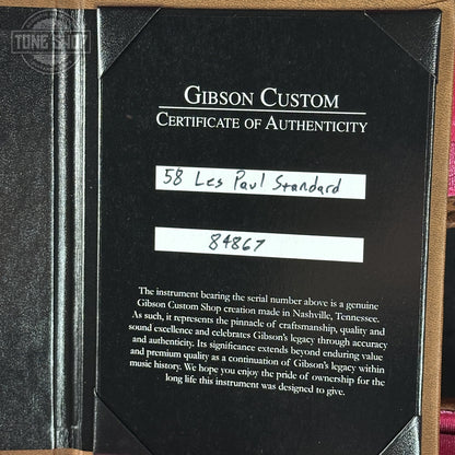 Certificate of Authenticity for Gibson Custom Dealer Select 1958 Les Paul Chambered Candy Apple Blue VOS 84867.