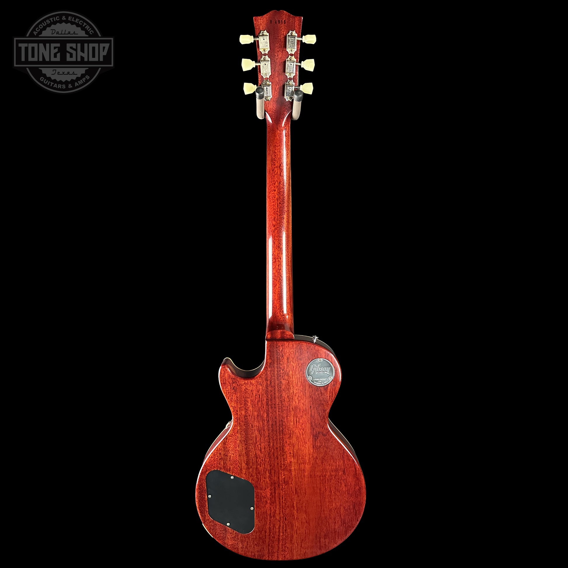 Back of Gibson Custom Dealer Select 1958 Les Paul Chambered Factory Burst VOS 84815.