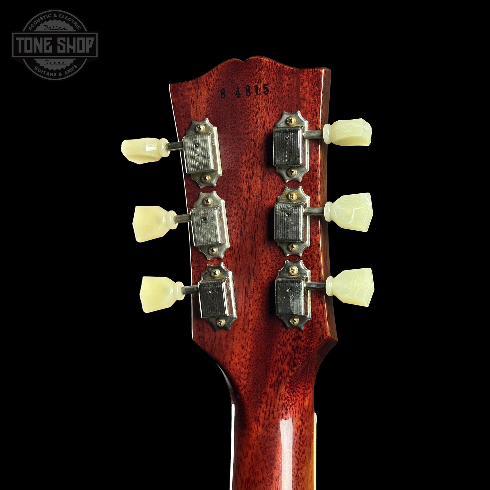 Back of Gibson Custom Dealer Select 1958 Les Paul Chambered Factory Burst VOS 84815 headstock.