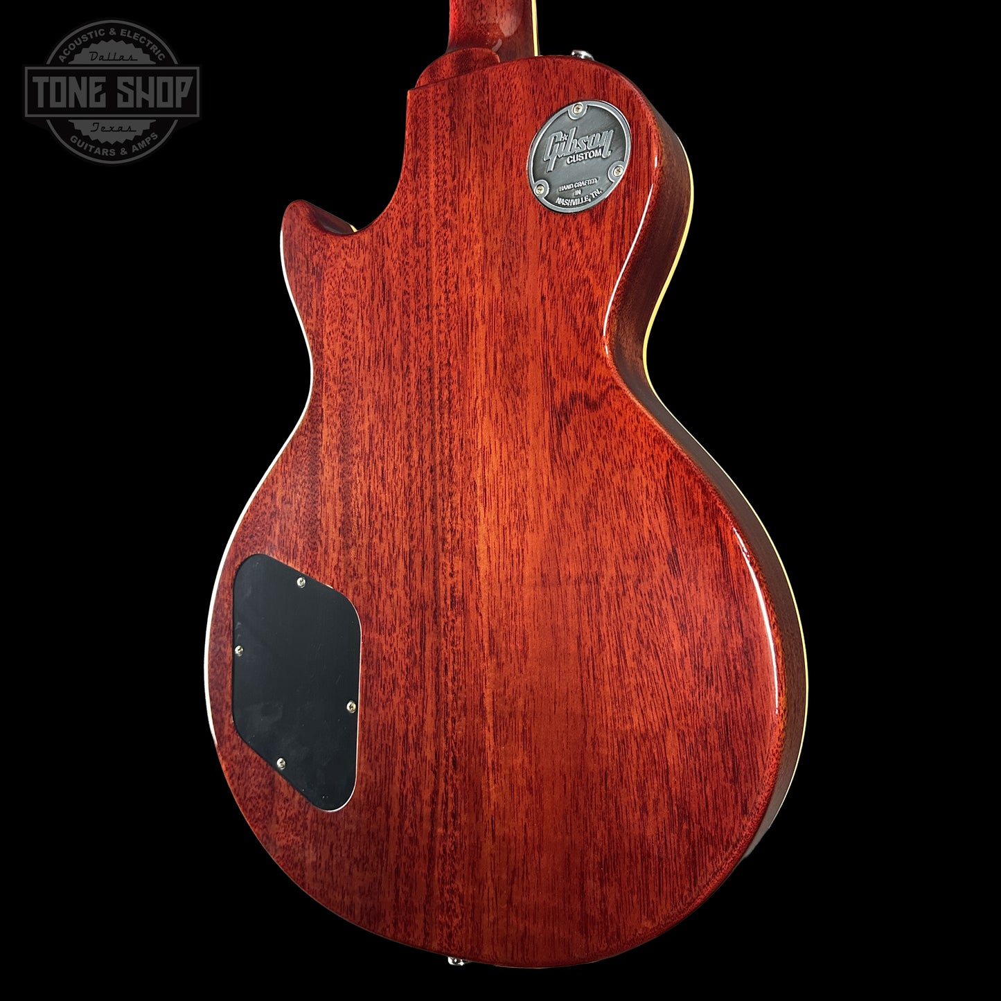 Back right angle of Gibson Custom Dealer Select 1958 Les Paul Chambered Factory Burst VOS 84815.