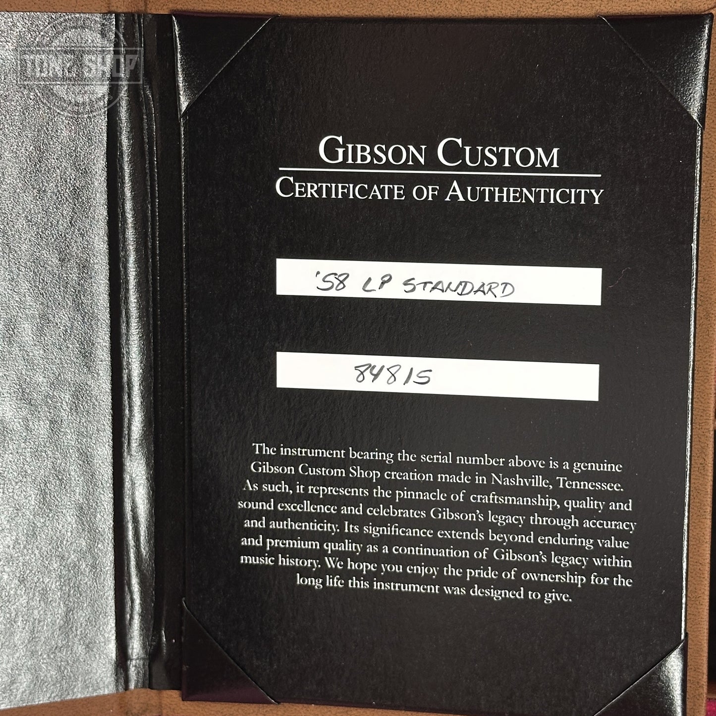 Certificate of Authenticity for Gibson Custom Dealer Select 1958 Les Paul Chambered Factory Burst VOS 84815.