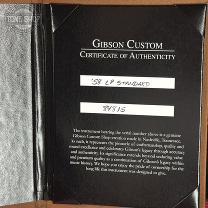 Certificate of Authenticity for Gibson Custom Dealer Select 1958 Les Paul Chambered Factory Burst VOS 84815.