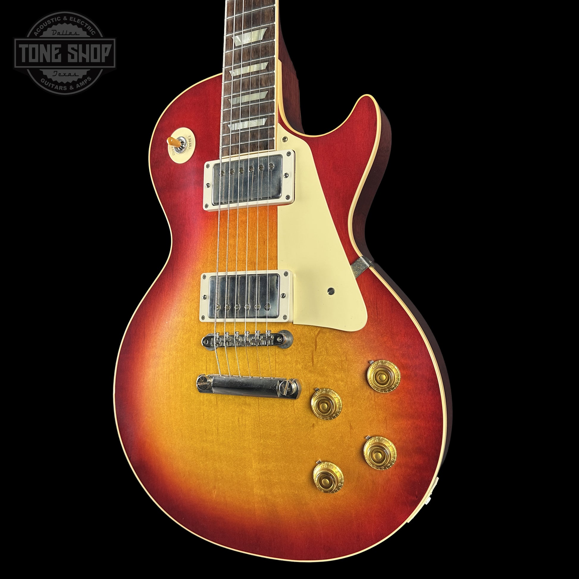 Front right angle of Gibson Custom Dealer Select 1958 Les Paul Chambered Factory Burst VOS 84815.