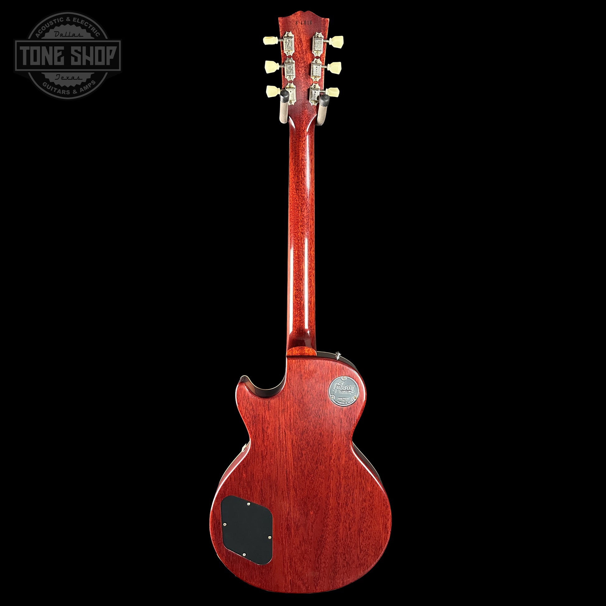Back of Gibson Custom Dealer Select 1958 Les Paul Chambered Factory Burst VOS 84816.