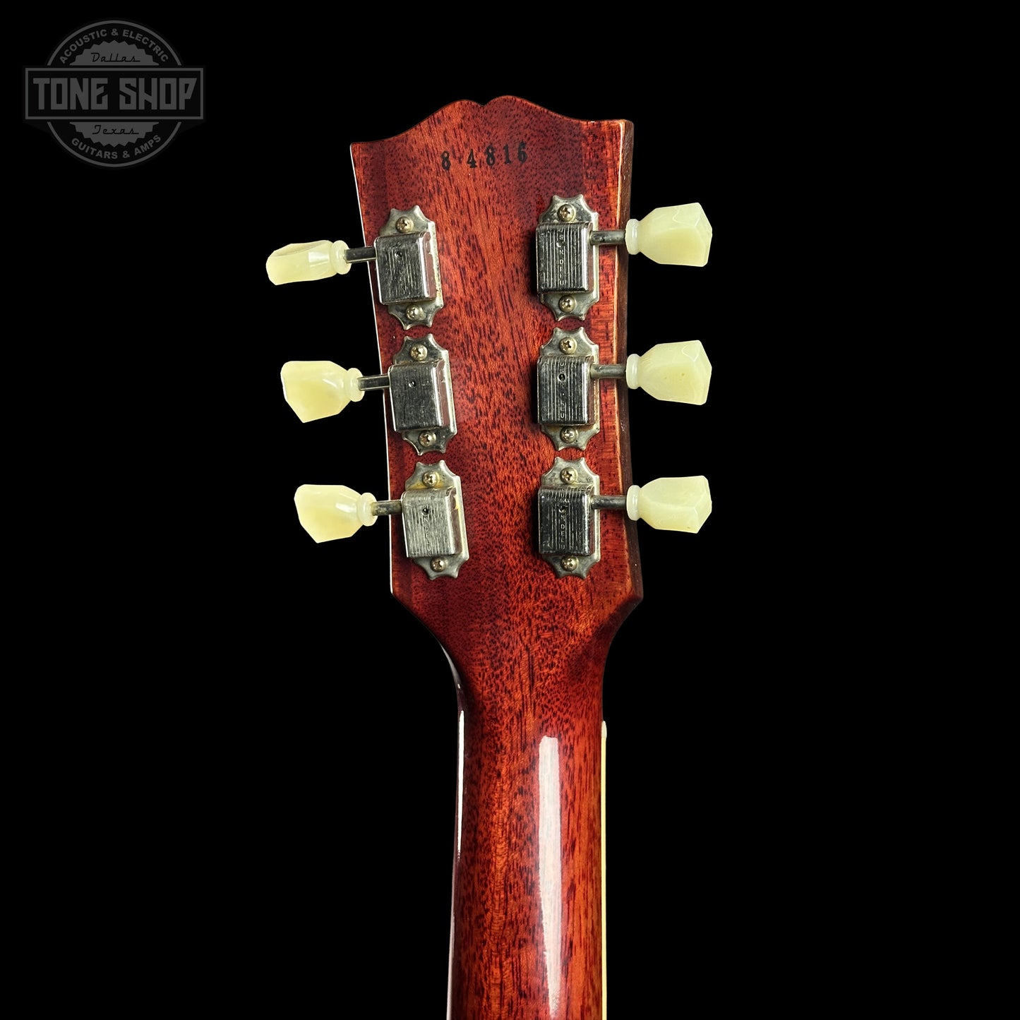 Back of Gibson Custom Dealer Select 1958 Les Paul Chambered Factory Burst VOS 84816 headstock.