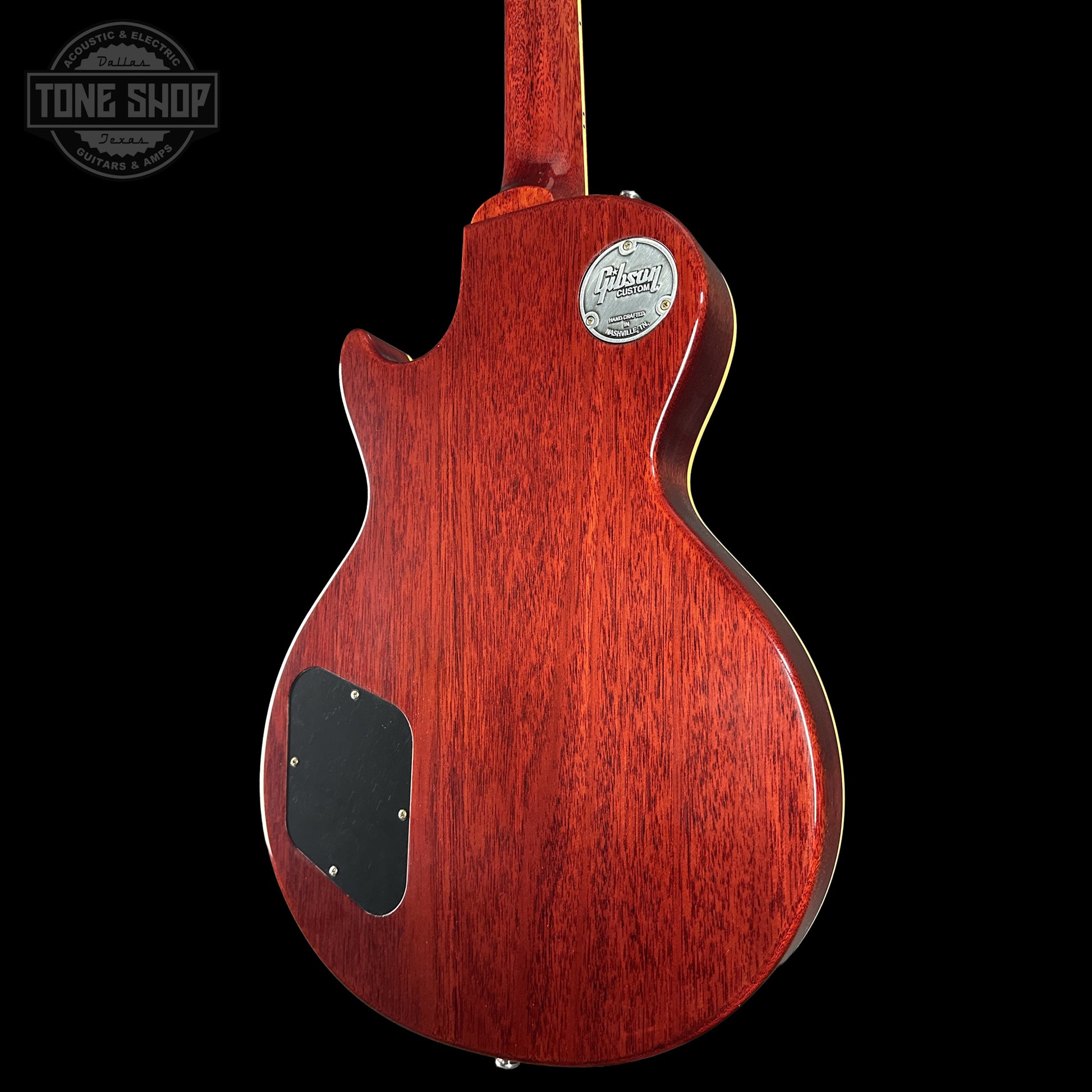 Back right angle of Gibson Custom Dealer Select 1958 Les Paul Chambered Factory Burst VOS 84816.