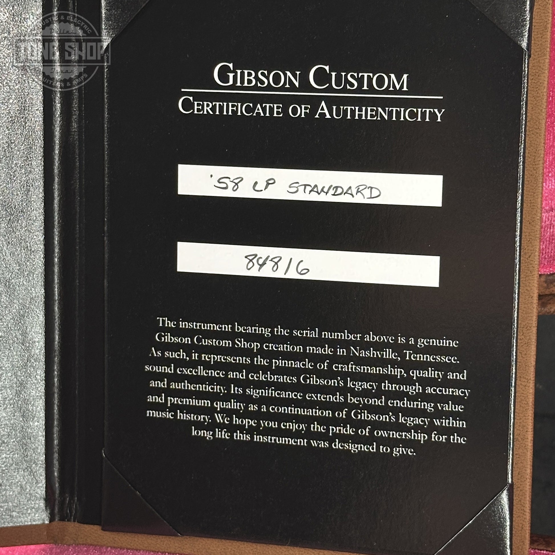 Certificate of Authenticity for Gibson Custom Dealer Select 1958 Les Paul Chambered Factory Burst VOS 84816.
