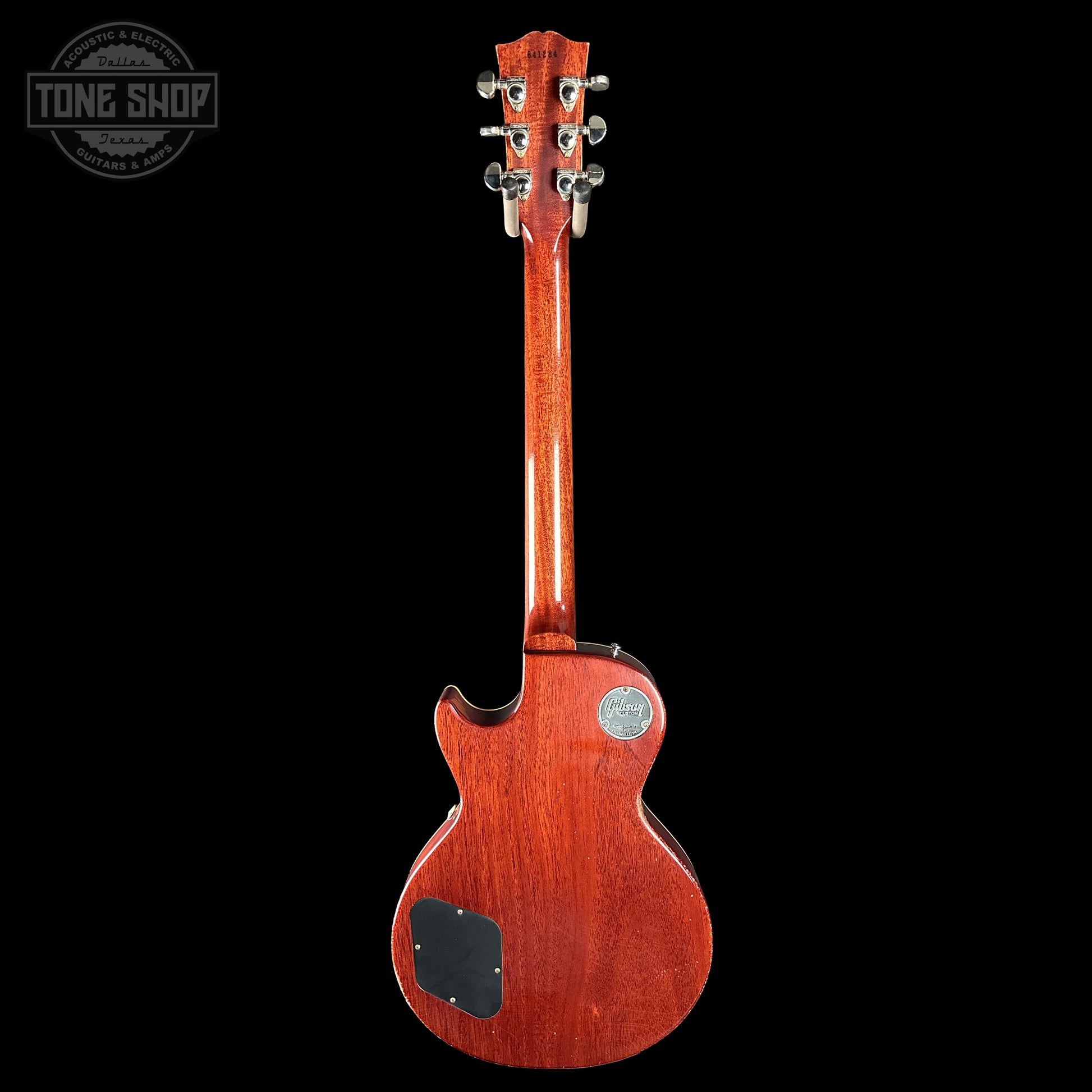 Back of Gibson Custom Dealer Select 1958 Les Paul Chambered Lemon Burst Light Aged 841284.