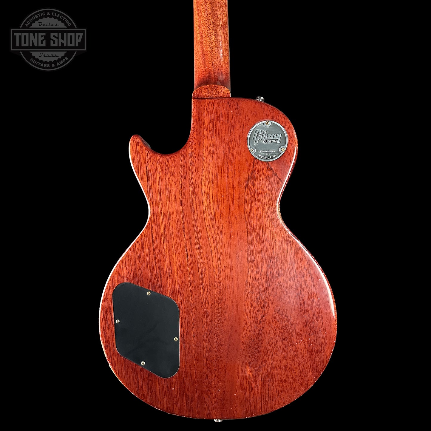 Back of Gibson Custom Dealer Select 1958 Les Paul Chambered Lemon Burst Light Aged 841284 body.