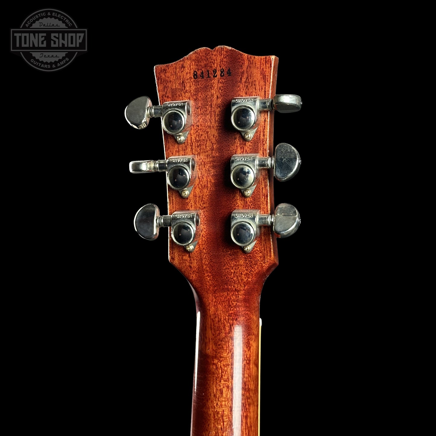 Back of Gibson Custom Dealer Select 1958 Les Paul Chambered Lemon Burst Light Aged 841284 headstock.