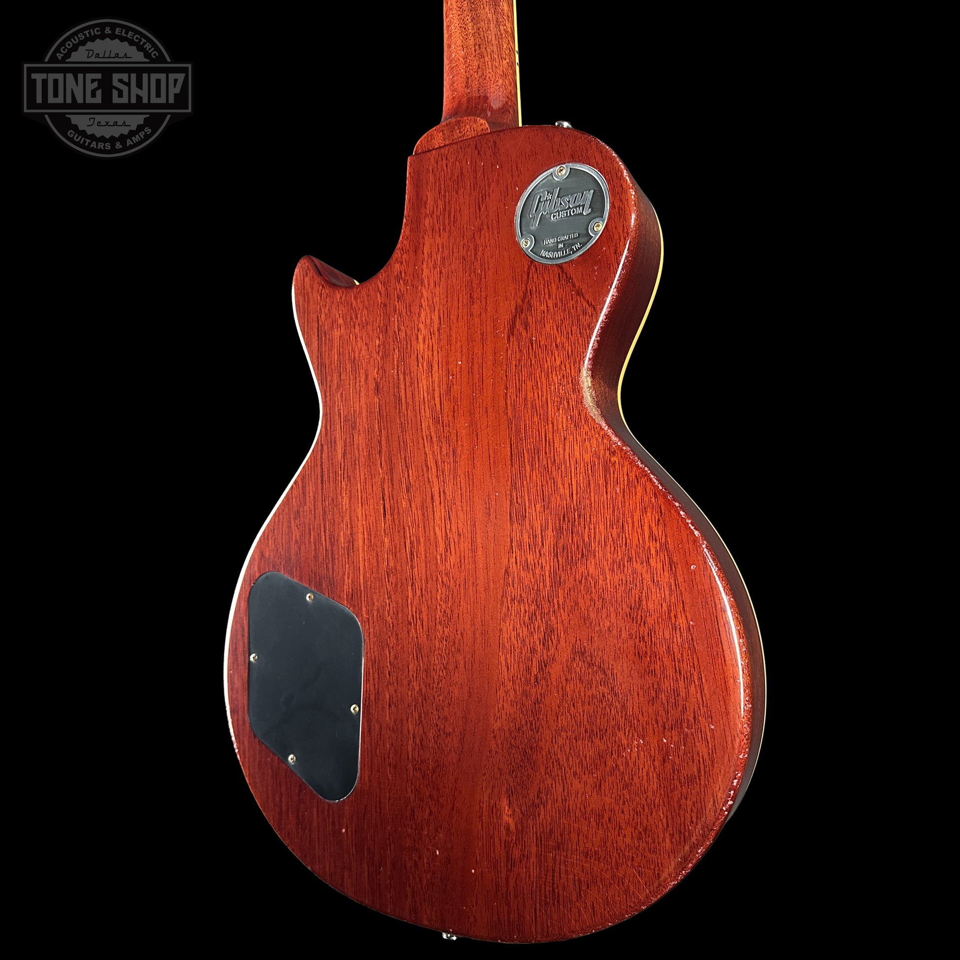 Back right angle of Gibson Custom Dealer Select 1958 Les Paul Chambered Lemon Burst Light Aged 841284 body.