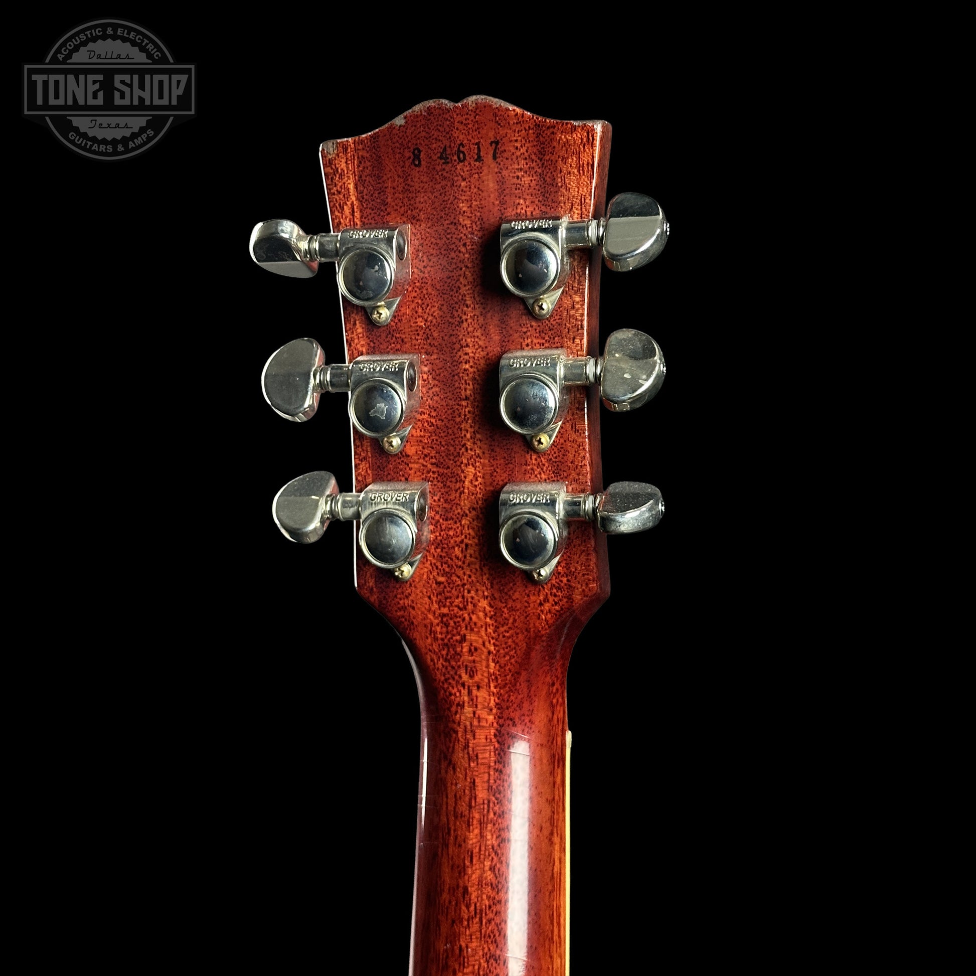 Back of Gibson Custom Dealer Select 1958 Les Paul Chambered Lemon Burst Light Aged 84617 headstock.