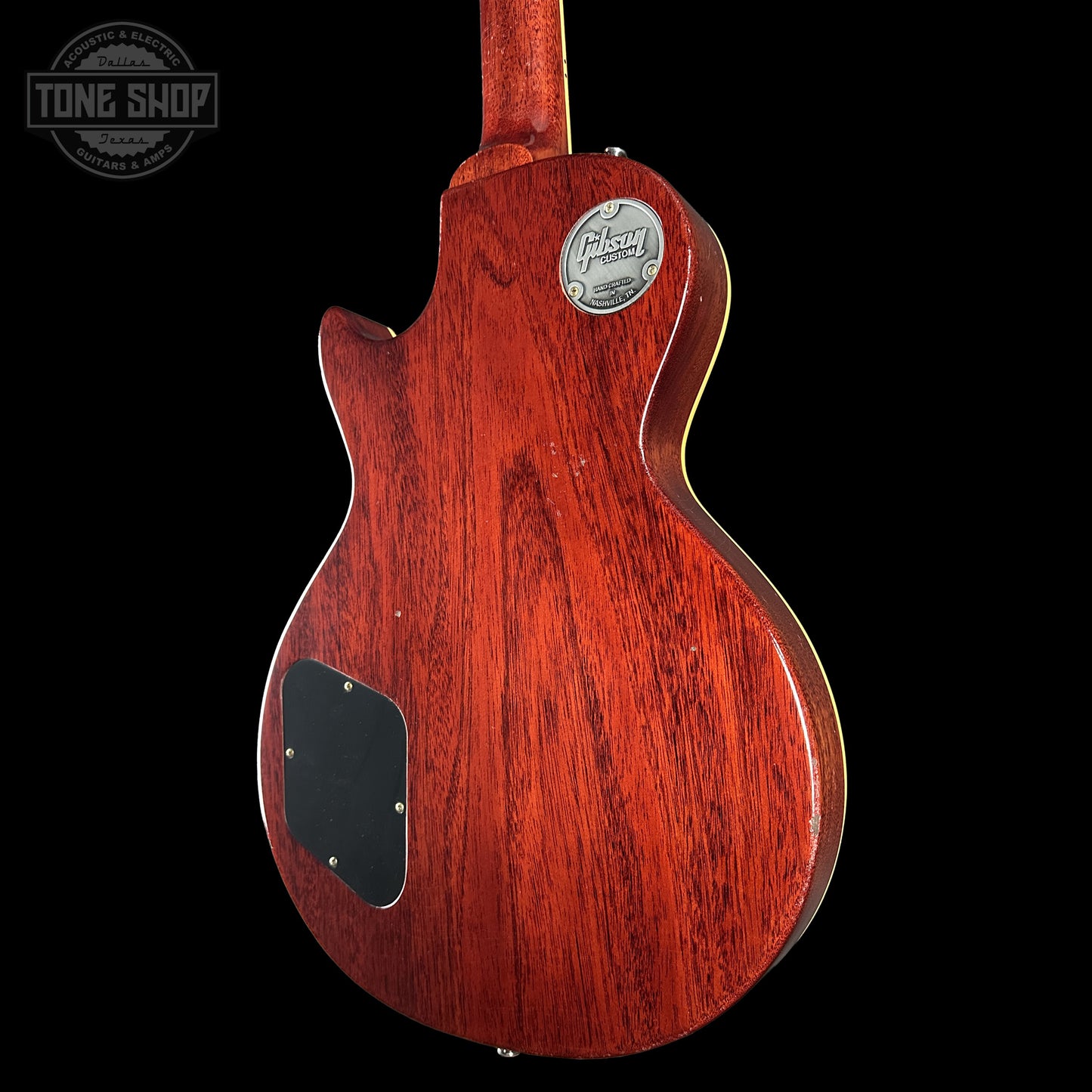 Back right angle of Gibson Custom Dealer Select 1958 Les Paul Chambered Lemon Burst Light Aged 84617.